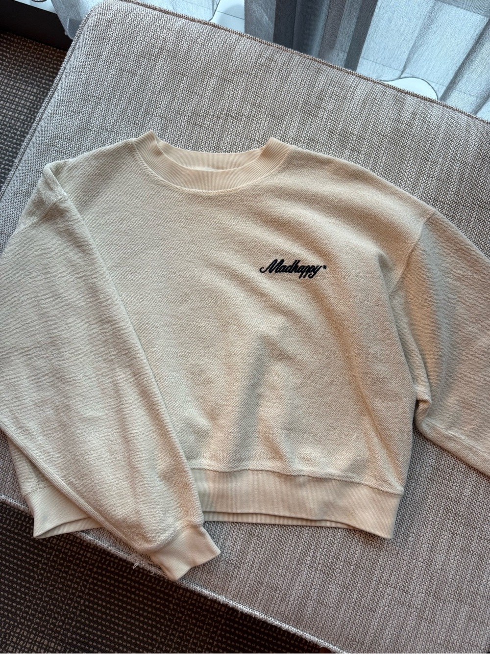 Madhappy Cream Crew Sweatshirt with Black Script Logo - Picture 1 of 3